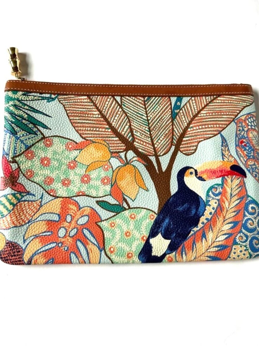 J McLaughlin Clutch Zip Pouch Bird Toucan Tropical 11x8 Purse Pebbled Leather